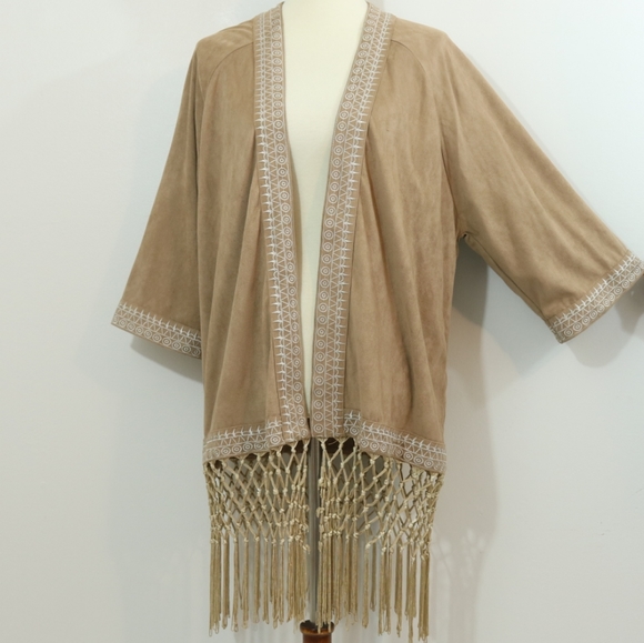 Chloah Tan Embroidered Fringe  Boho Kimono - Picture 2 of 12